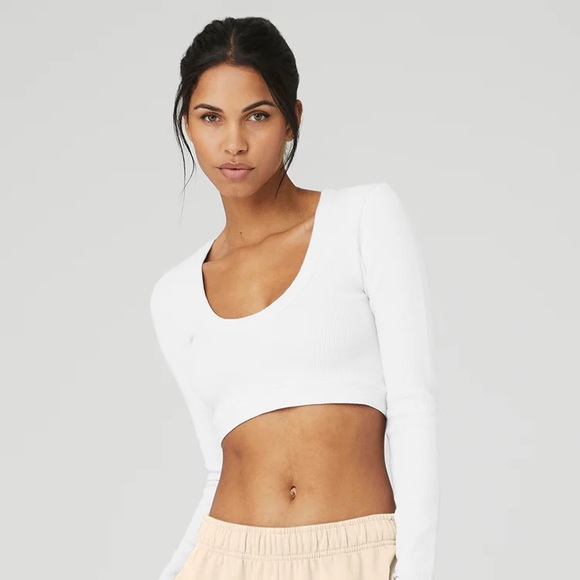2 ALO Yoga Ribbed Defined Long Sleeve Bra Crop Tops - Picture 3 of 5